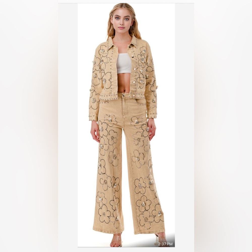 Floral Embroidery Tan Jacket and Pants Set S